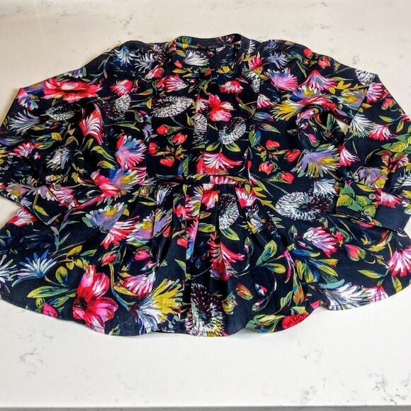 J Crew Black Floral Pleat Front Pure Silk LS Top - Picture 3 of 5